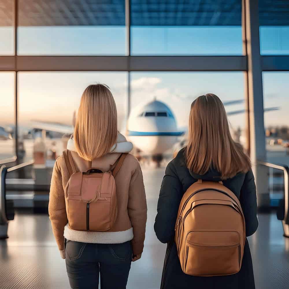 Mit KI erstelltes Bild von Mutter und Tochter jeweils mit kleinem Rucksack die am Flughafen auf ein großes Flugzeug schauen.