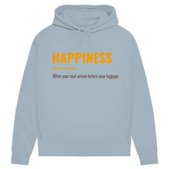 Hellblauer Hoodie mit goldfarbener Headline und Sub-Headline, rotbraune Schrift.