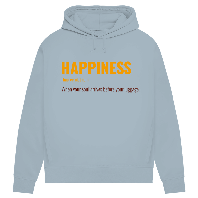 Hellblauer Hoodie mit goldfarbener Headline und Sub-Headline, rotbraune Schrift.