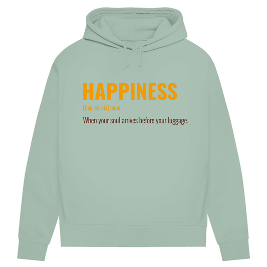 Hellgrüner Hoodie mit goldfarbener Headline und Sub-Headline, rotbraune Schrift.