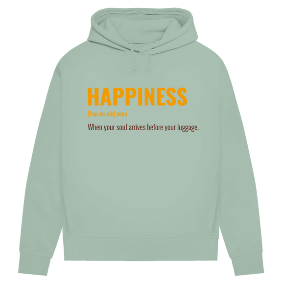 Hellgrüner Hoodie mit goldfarbener Headline und Sub-Headline, rotbraune Schrift.