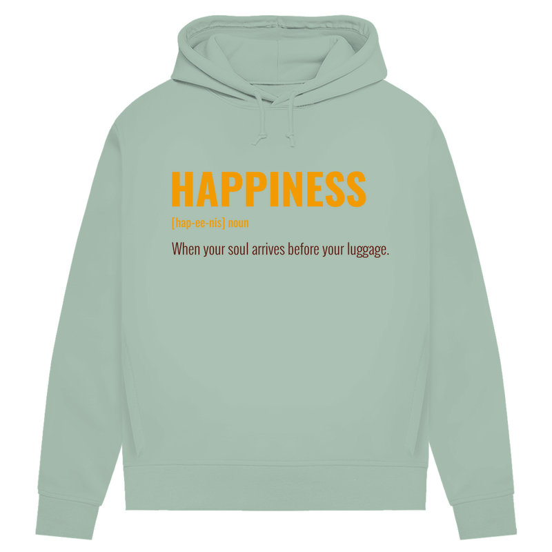 Hellgrüner Hoodie mit goldfarbener Headline und Sub-Headline, rotbraune Schrift.