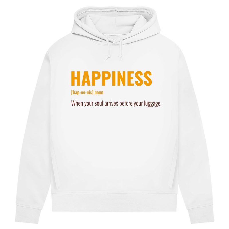 Weißer Hoodie mit goldfarbener Headline und Sub-Headline, rotbraune Schrift.