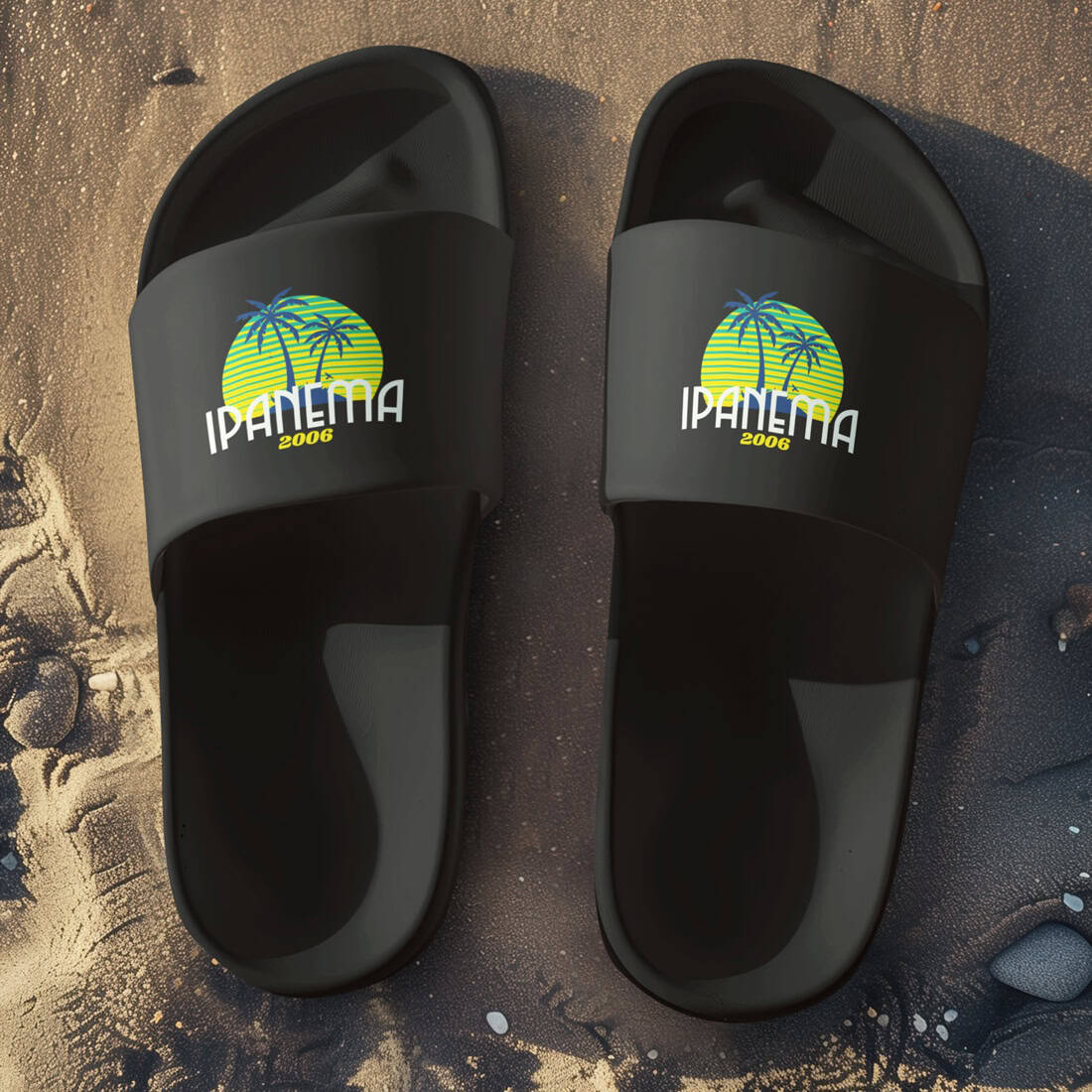 Unisex Badelatschen schwarz mit IPANEMA 2006 Design, Sommer Slipper für Strand und Urlaub.
