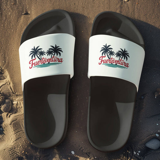 Unisex Badelatschen schwarz-weiss mit Fuerteventura und Palmen Design, Sommer Slipper für Strand und Urlaub.