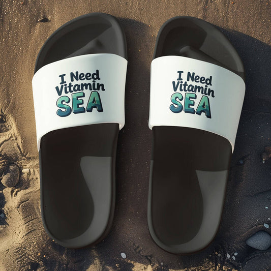 Unisex Badelatschen schwarz-weiss mit VITAMIN SEA Design, Sommer Slipper für Strand und Urlaub.