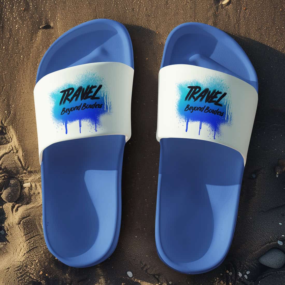 Unisex Badelatschen blau-weiss mit Travel Beyond Borders (blue) Design, Sommer Slipper für Strand und Urlaub.