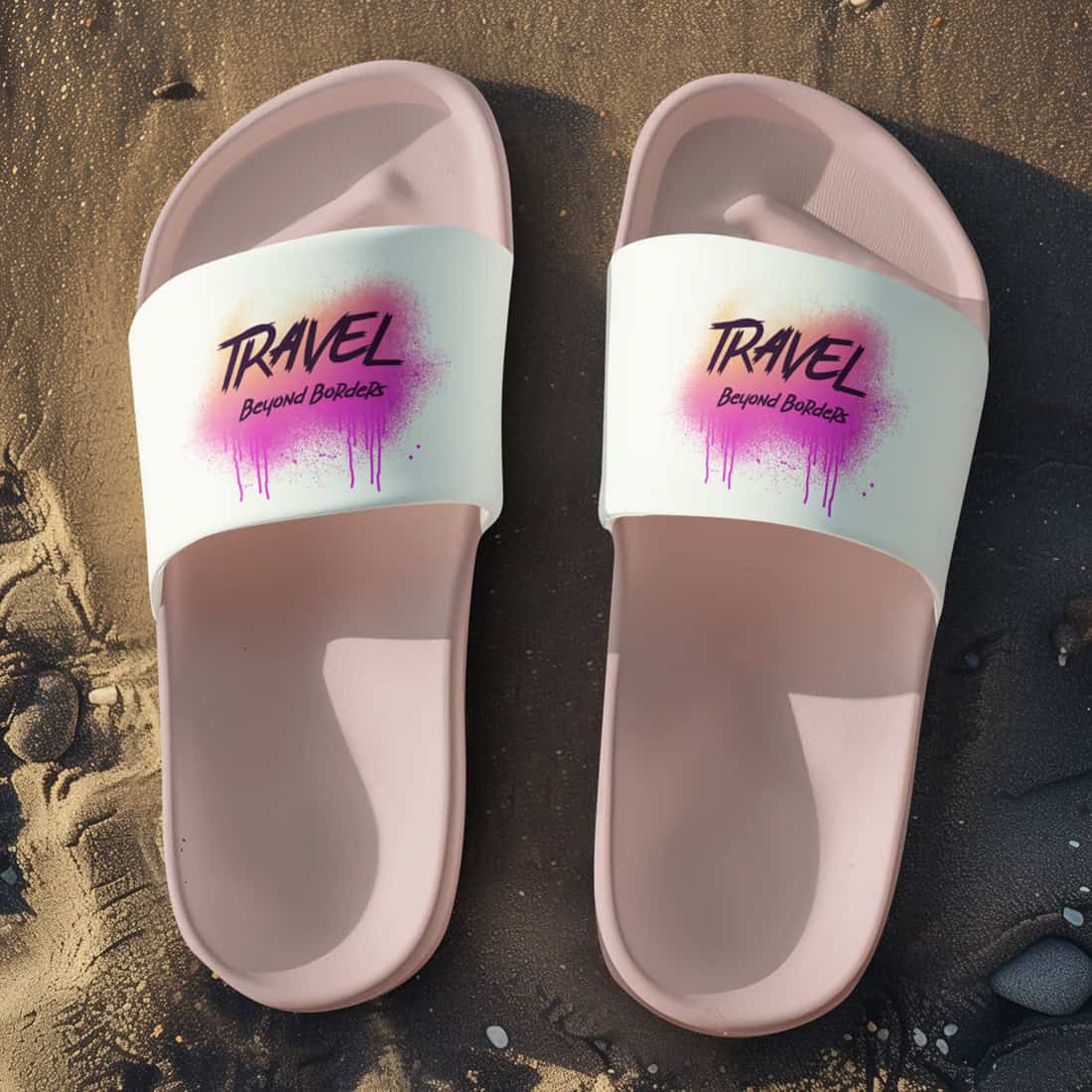 Unisex Badelatschen rosa-weiss mit Travel Beyond Borders (pink) Design, Sommer Slipper für Strand und Urlaub.