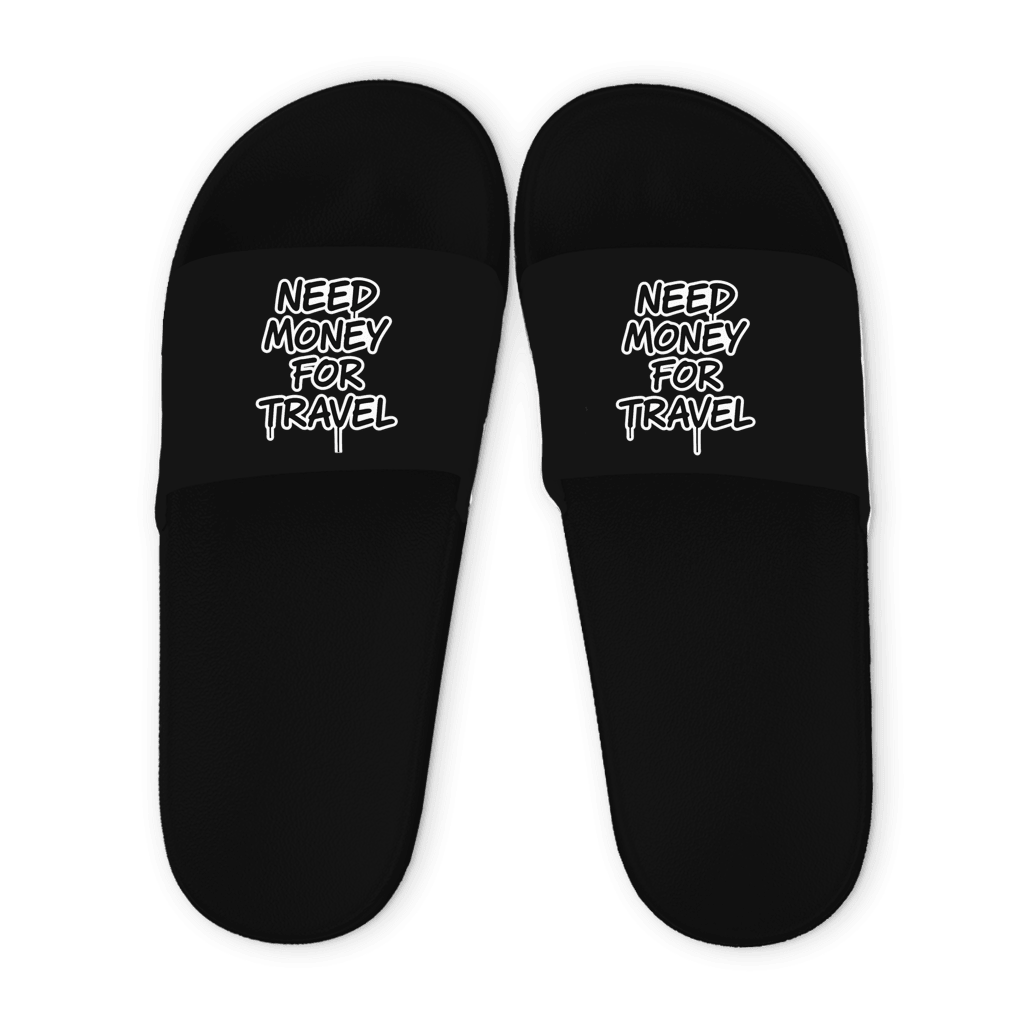 Schwarze Unisex Badelatschen mit Need Money for Travel Design, Sommer Slipper für Strand, Pool und Urlaub.