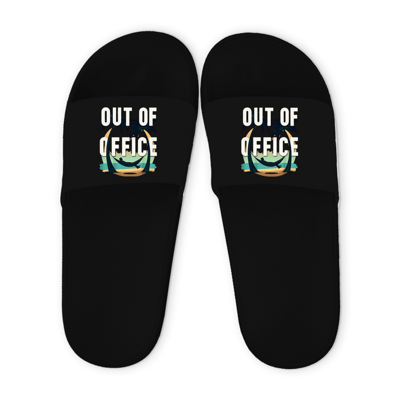Schwarze Unisex Badelatschen mit Out Of Office Design, Sommer Slipper für Strand, Pool und Urlaub.