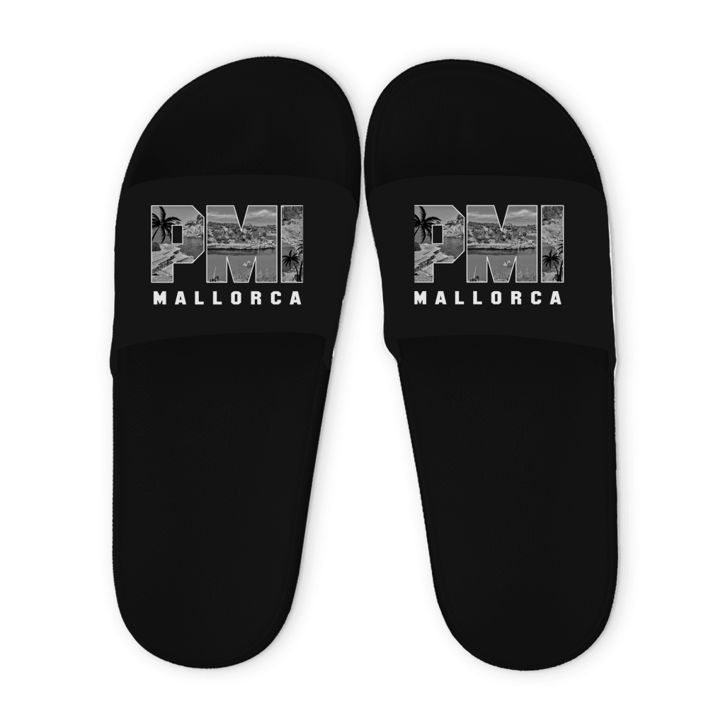 Schwarze Unisex Badelatschen mit PMI Airportcode Design (Double Layer), Sommer Slipper für Strand, Pool und Urlaub.