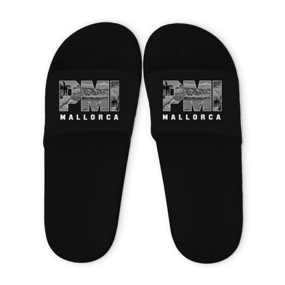 Schwarze Unisex Badelatschen mit PMI Airportcode Design (Double Layer), Sommer Slipper für Strand, Pool und Urlaub.