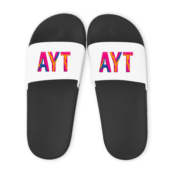 Schwarze Unisex Badelatschen mit weißem Riemen und AYT Airportcode Antalya Design, Sommer Slipper für Strand und Pool.