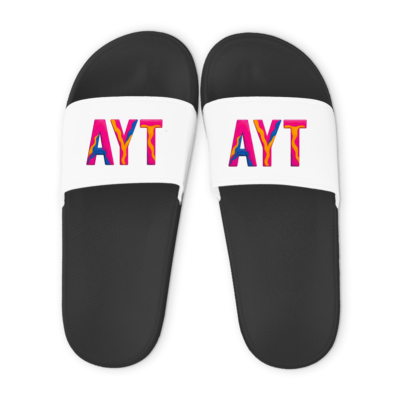 Schwarze Unisex Badelatschen mit weißem Riemen und AYT Airportcode Antalya Design, Sommer Slipper für Strand und Pool.