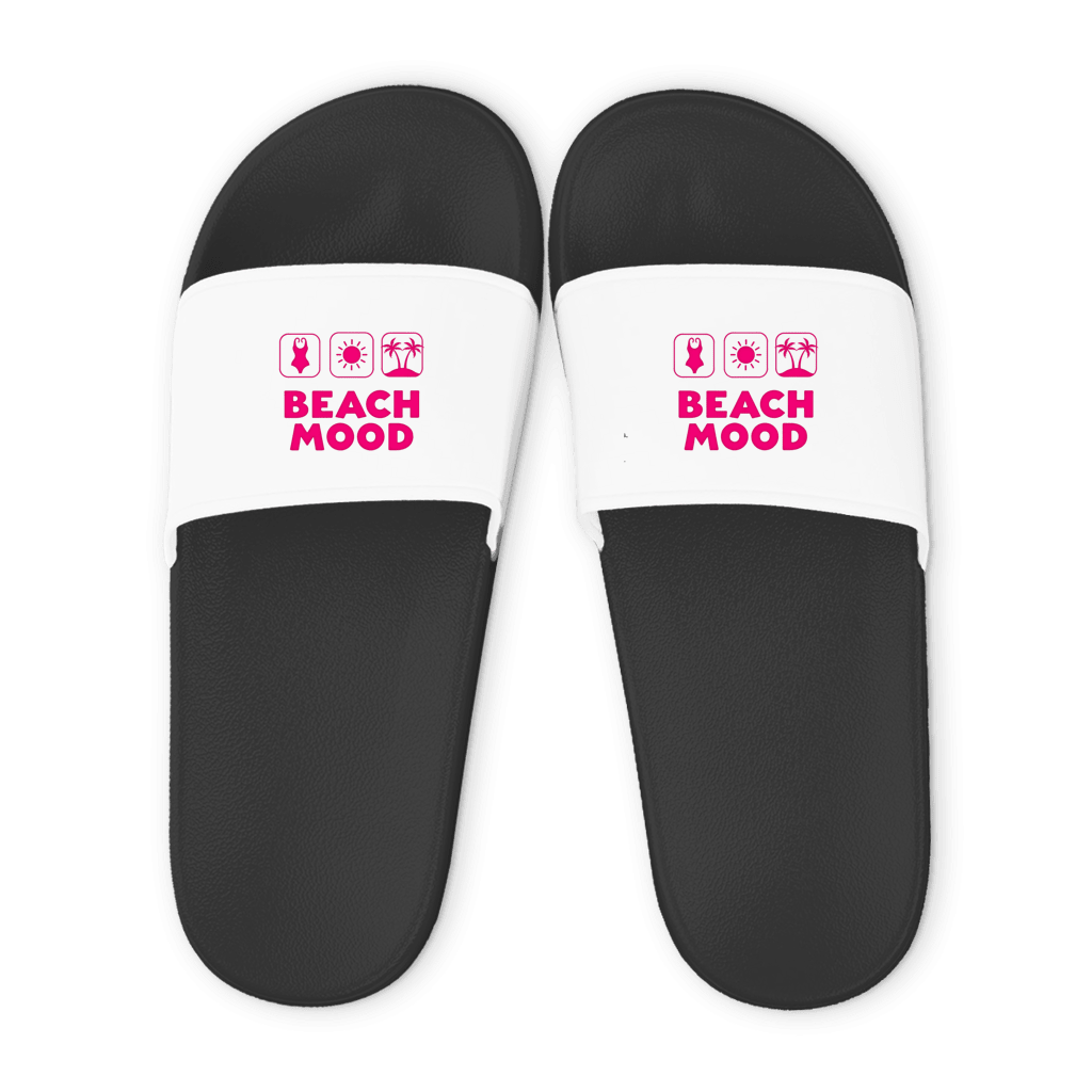 Schwarze Unisex Badelatschen mit weißem Riemen und BEACH MOOD Design, Sommer Slipper für Strand und Pool.