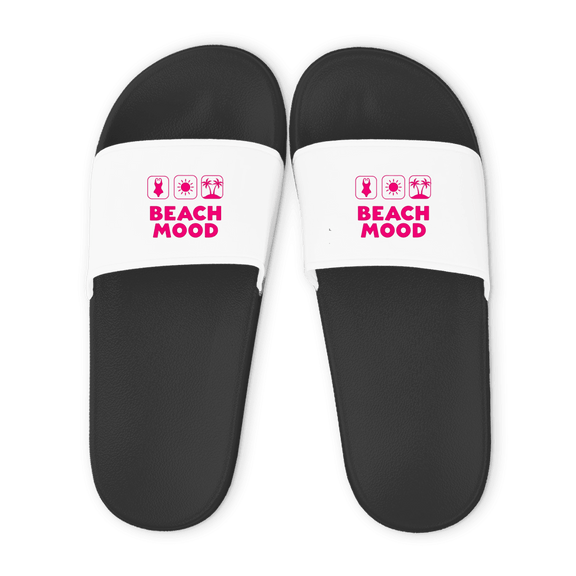 Schwarze Unisex Badelatschen mit weißem Riemen und BEACH MOOD Design, Sommer Slipper für Strand und Pool.