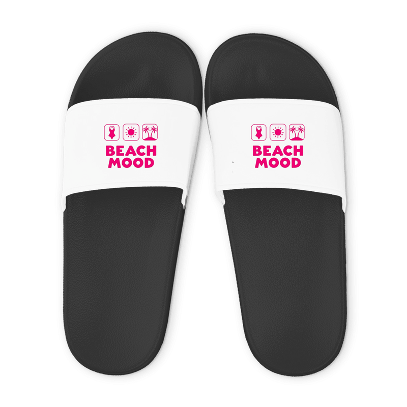 Schwarze Unisex Badelatschen mit weißem Riemen und BEACH MOOD Design, Sommer Slipper für Strand und Pool.