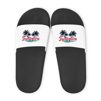 Schwarze Unisex Badelatschen mit weißem Riemen und Fuerteventura Palmen Design, Sommer Slipper für Strand und Pool.