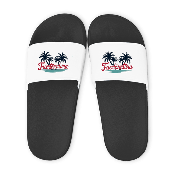 Schwarze Unisex Badelatschen mit weißem Riemen und Fuerteventura Palmen Design, Sommer Slipper für Strand und Pool.