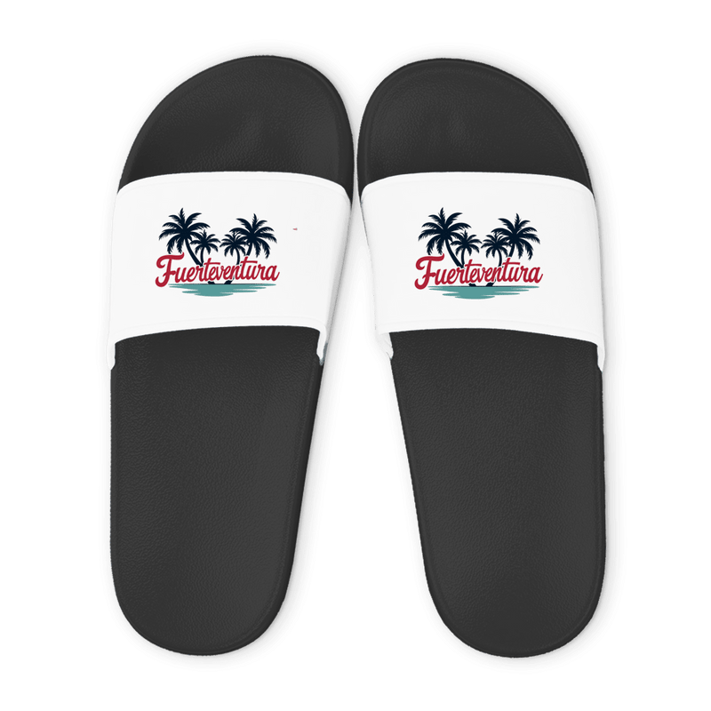 Schwarze Unisex Badelatschen mit weißem Riemen und Fuerteventura Palmen Design, Sommer Slipper für Strand und Pool.
