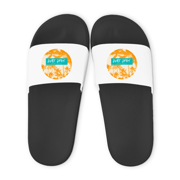 Schwarze Unisex Badelatschen mit weißem Riemen und Surf Spot Bondi Beach Design, Sommer Slipper für Strand und Pool.