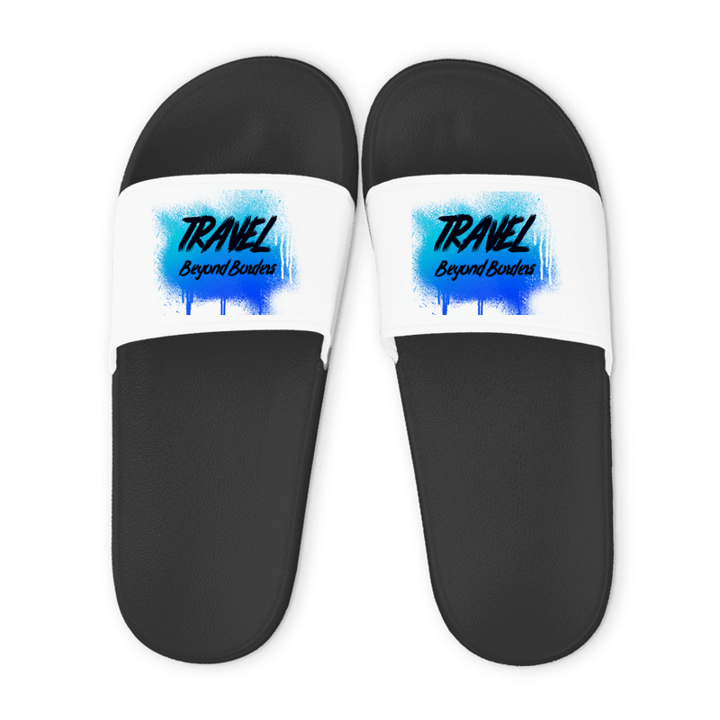 Schwarze Unisex Badelatschen mit weißem Riemen und Travel Beyond Borders Design (blue), Sommer Slipper für Strand und Pool.