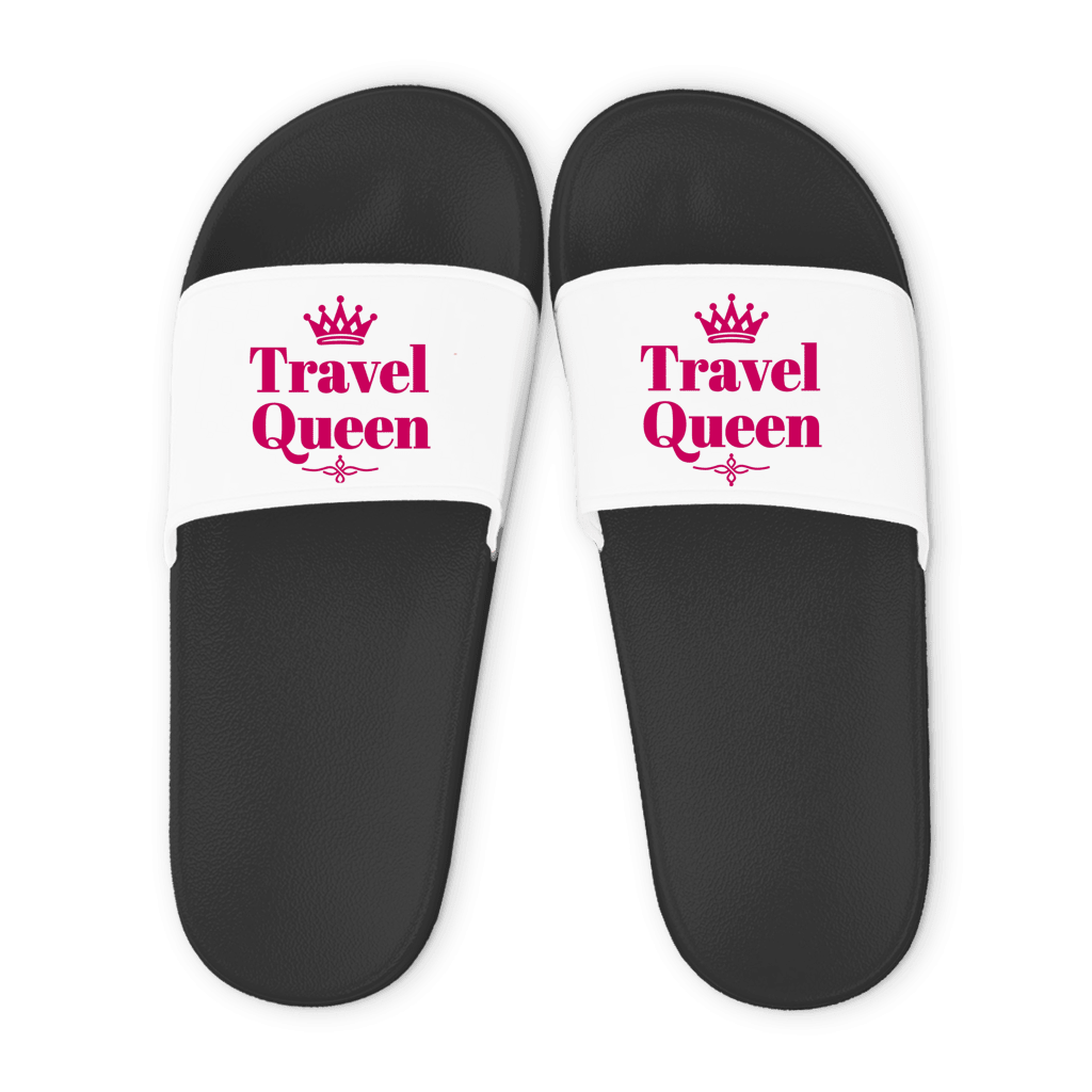 Schwarze Unisex Badelatschen mit weißem Riemen und Travel Queen Design, Sommer Slipper für Strand und Pool.