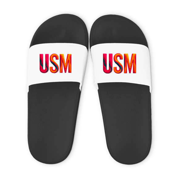 Schwarze Unisex Badelatschen mit weißem Riemen und USM Airportcode Ko Samui Design, Sommer Slipper für Strand und Pool.