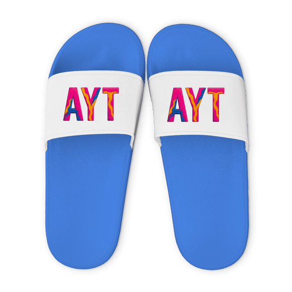 Blaue Unisex Badelatschen mit weißem Riemen und AYT Airportcode Antalya Design, Sommer Slipper für Strand und Pool.
