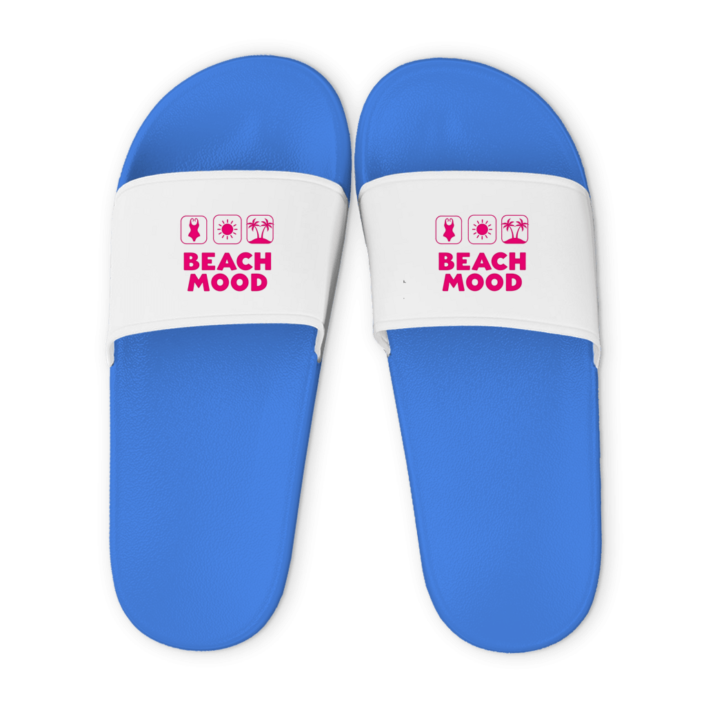 Hellblaue Unisex Badelatschen mit weißem Riemen und BEACH MOOD Design, Sommer Slipper für Strand und Pool.