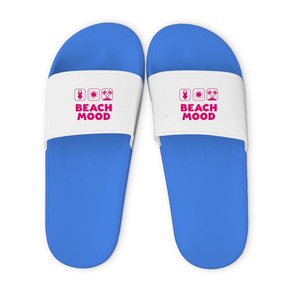 Hellblaue Unisex Badelatschen mit weißem Riemen und BEACH MOOD Design, Sommer Slipper für Strand und Pool.