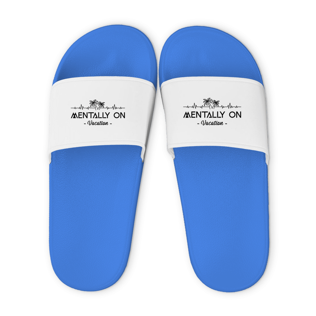 Hellblaue Unisex Badelatschen mit weißem Riemen und Mentally On Vacation Design, Sommer Slipper für Strand und Pool.