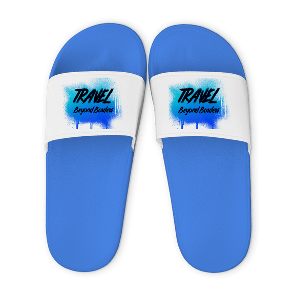Hellblaue Unisex Badelatschen mit weißem Riemen und Travel Beyond Borders Design (blue), Sommer Slipper für Strand und Pool.