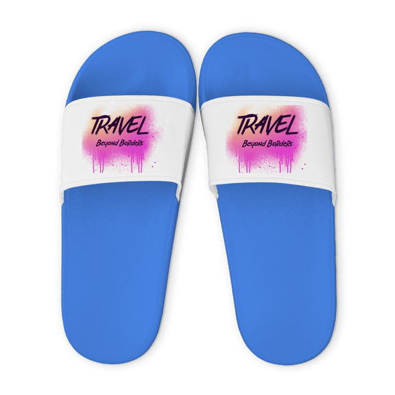 Hellblaue Unisex Badelatschen mit weißem Riemen und Travel Beyond Borders Design (pink), Sommer Slipper für Strand und Pool.