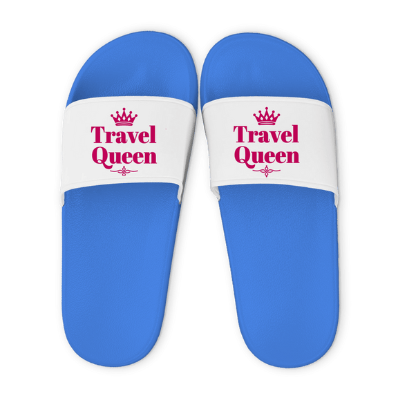 Hellblaue Unisex Badelatschen mit weißem Riemen und Travel Queen Design, Sommer Slipper für Strand und Pool.