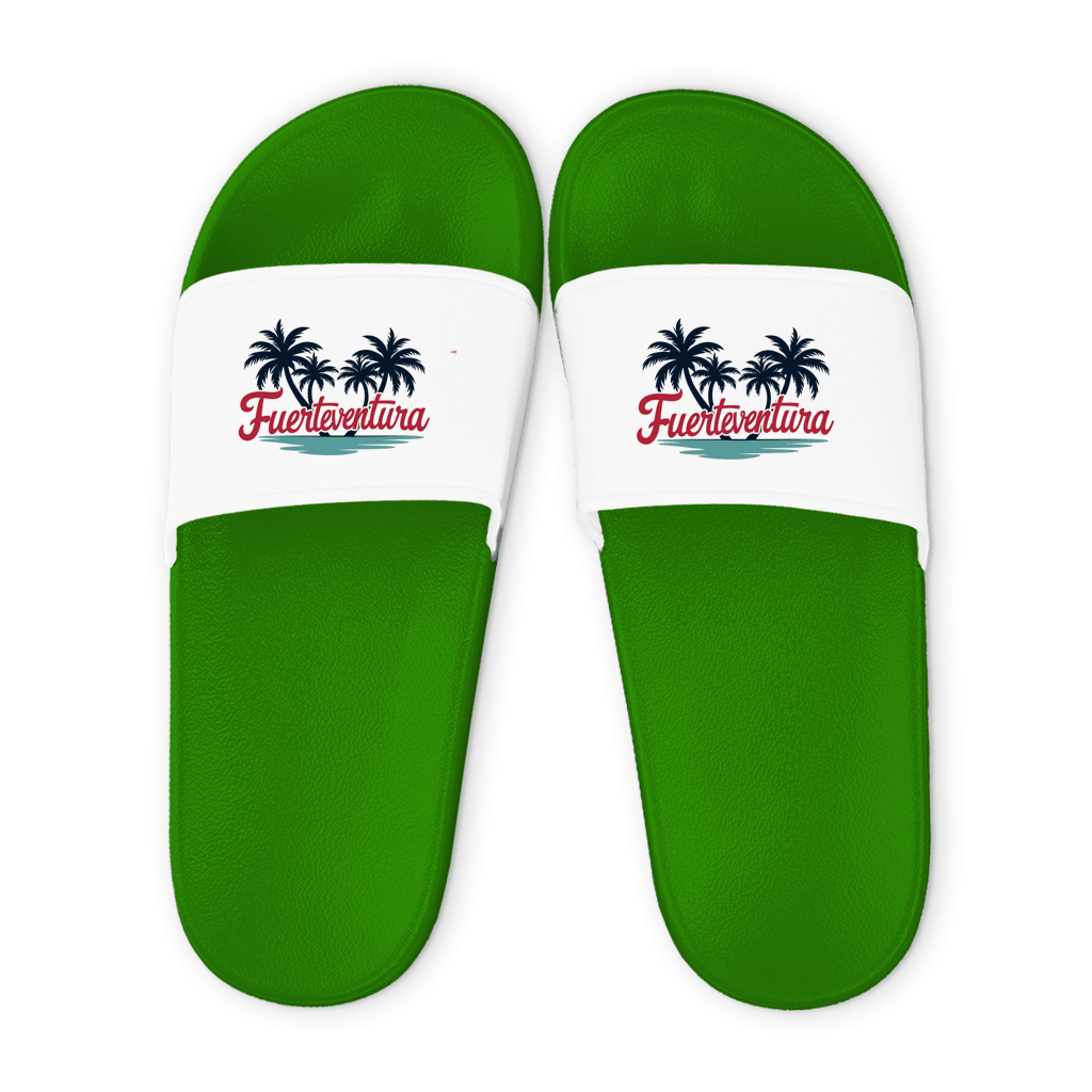 Grüne Unisex Badelatschen mit weißem Riemen und Fuerteventura Palmen Design, Sommer Slipper für Strand und Pool.