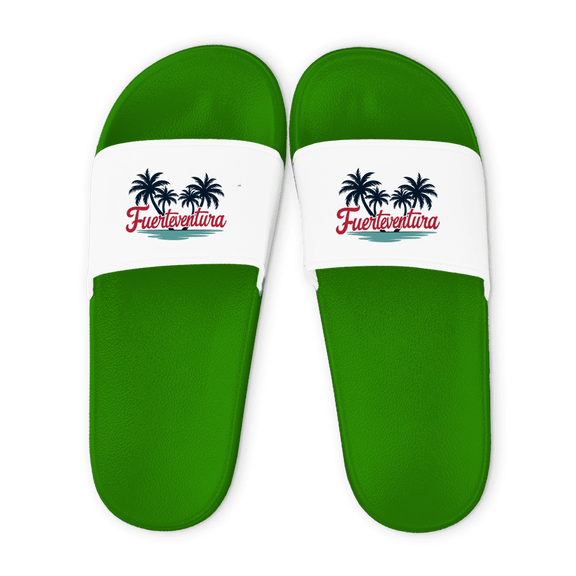 Grüne Unisex Badelatschen mit weißem Riemen und Fuerteventura Palmen Design, Sommer Slipper für Strand und Pool.