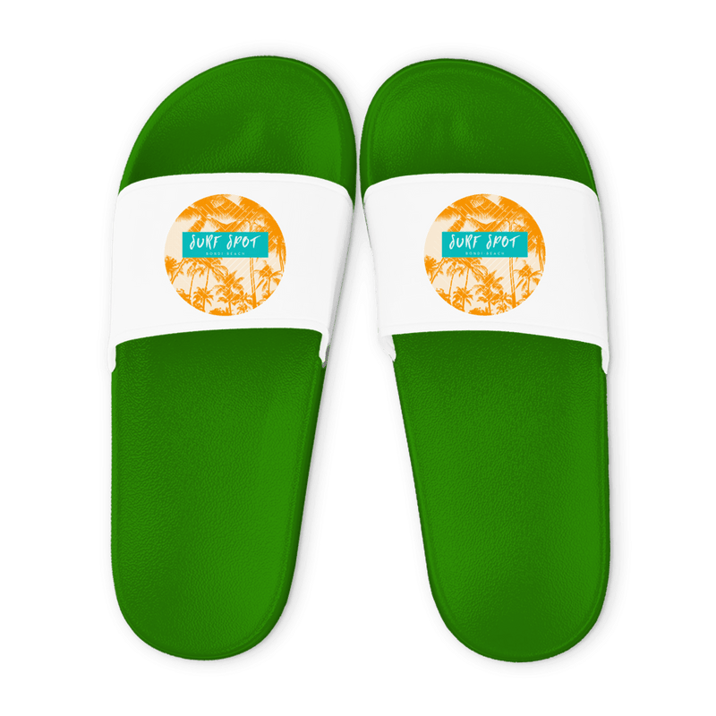 Grüne Unisex Badelatschen mit weißem Riemen und Surf Spot Bondi Beach Design, Sommer Slipper für Strand und Pool.