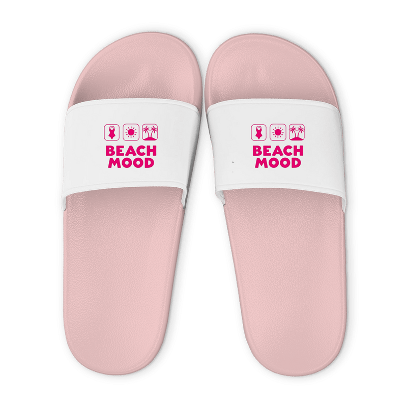 Rose farbene Unisex Badelatschen mit weißem Riemen und BEACH MOOD Design, Sommer Slipper für Strand und Pool.