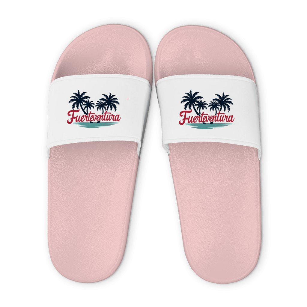 Rose farbene Unisex Badelatschen mit weißem Riemen und Fuerteventura Palmen Design, Sommer Slipper für Strand und Pool.