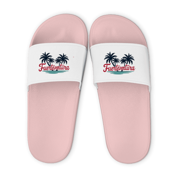 Rose farbene Unisex Badelatschen mit weißem Riemen und Fuerteventura Palmen Design, Sommer Slipper für Strand und Pool.