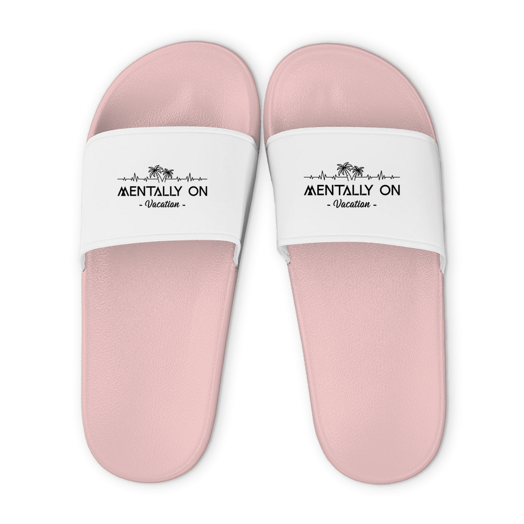 Gelbe Unisex Badelatschen mit weißem Riemen und Mentally On Vacation Design, Sommer Slipper für Strand und Pool.