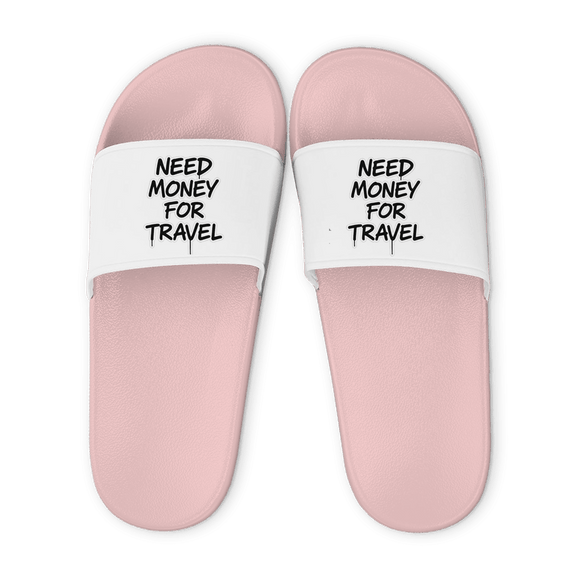 Rose farbene Unisex Badelatschen mit weißem Riemen und Need Money for Travel Design, Sommer Slipper für Strand und Pool.