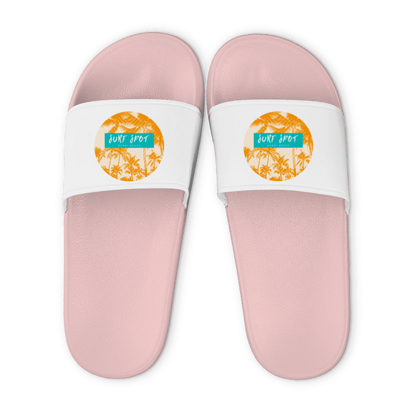 Rose farbene Unisex Badelatschen mit weißem Riemen und Surf Spot Bondi Beach Design, Sommer Slipper für Strand und Pool.