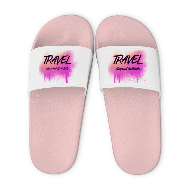 Rose Unisex Badelatschen mit Travel Beyond Borders Design (pink), Sommer Slipper für Strand, Pool und Urlaub.