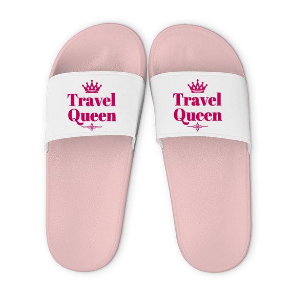 Rose farbene Unisex Badelatschen mit weißem Riemen und Travel Queen Design, Sommer Slipper für Strand und Pool.