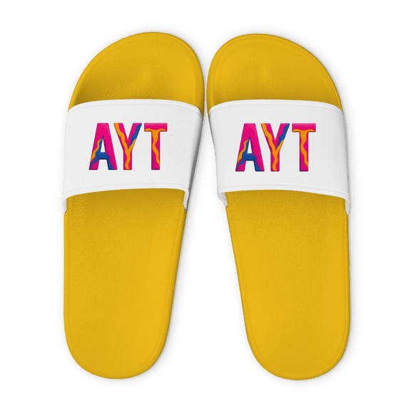 Gelbe Unisex Badelatschen mit weißem Riemen und AYT Airportcode Antalya Design, Sommer Slipper für Strand und Pool.