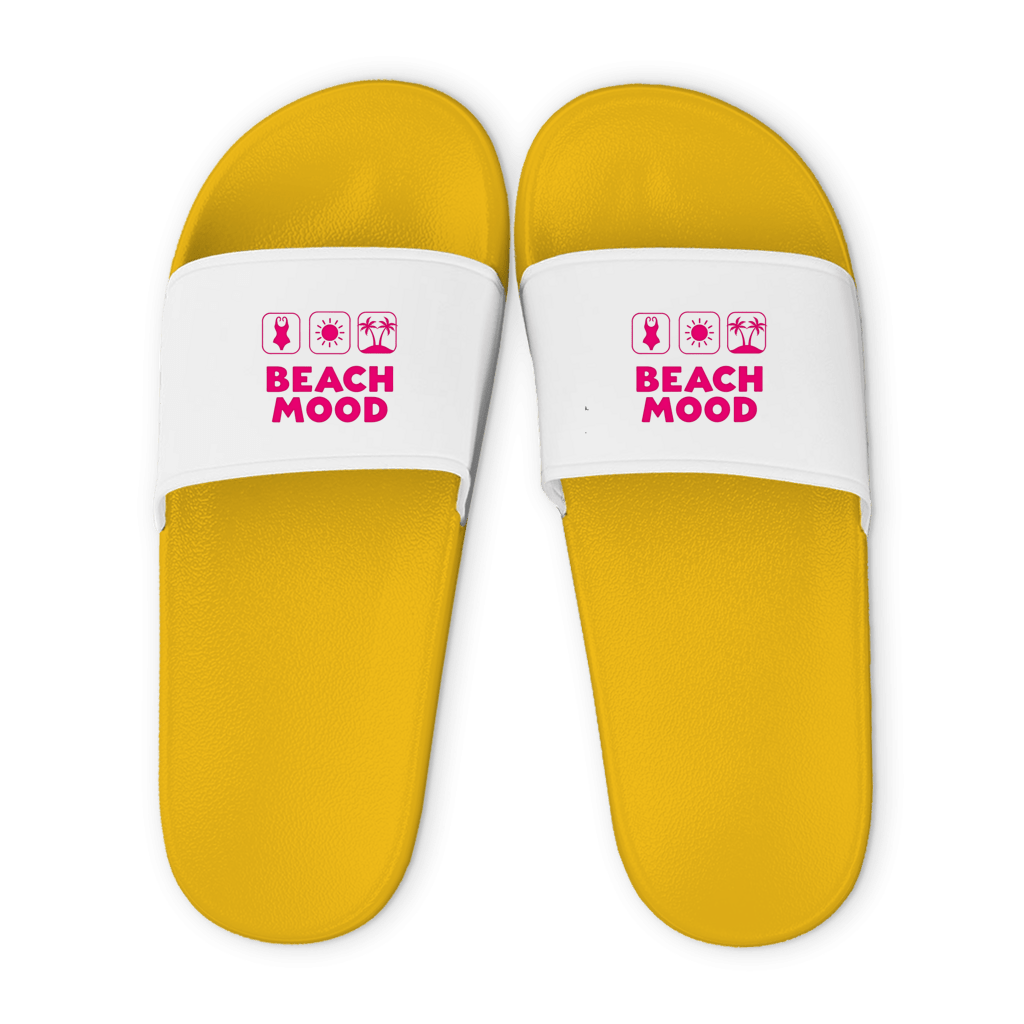 Gelbe Unisex Badelatschen mit weißem Riemen und BEACH MOOD Design, Sommer Slipper für Strand und Pool.