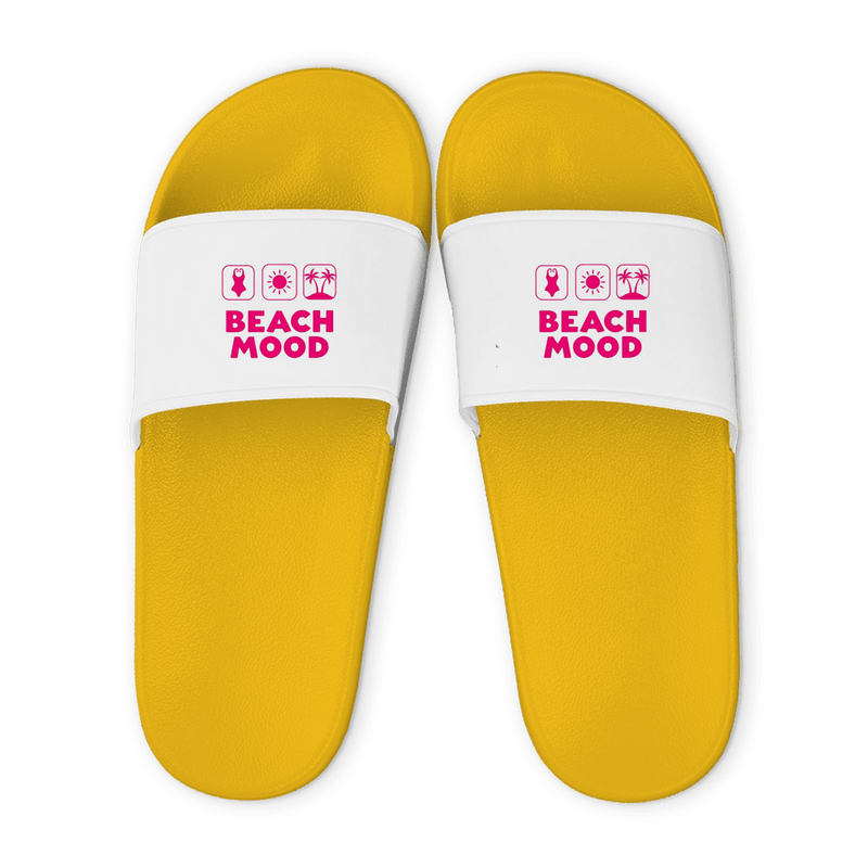 Gelbe Unisex Badelatschen mit weißem Riemen und BEACH MOOD Design, Sommer Slipper für Strand und Pool.