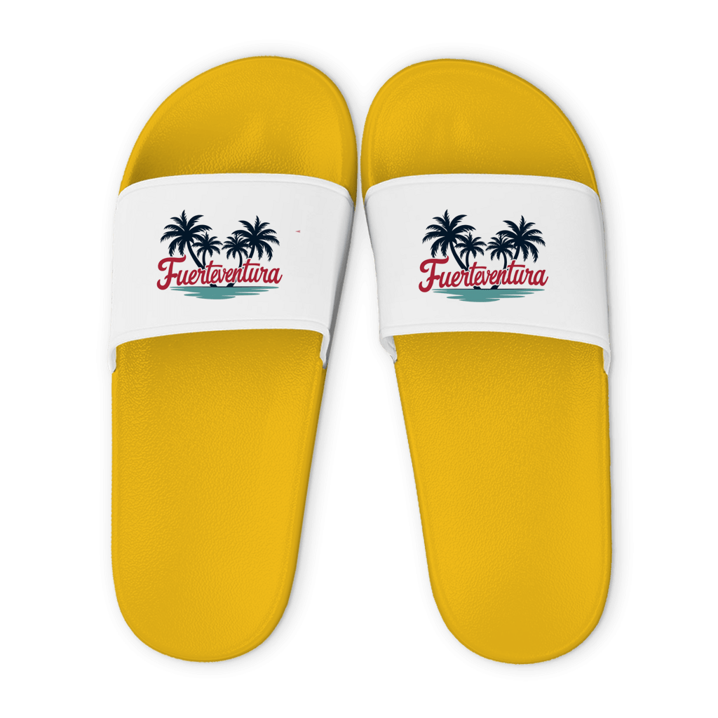 Gelbe Unisex Badelatschen mit weißem Riemen und Fuerteventura Palmen Design, Sommer Slipper für Strand und Pool.